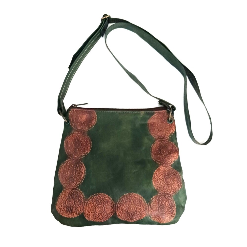 NEW Dk Green Leather Slim Crossbody Bag Embossed Medallion Print Boho Festival